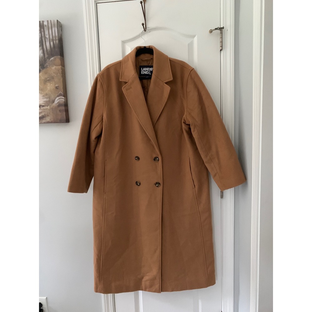 Lands End Womens 18W Camel Wool Cashmere Blend Double Breasted Long Overcoat Tan